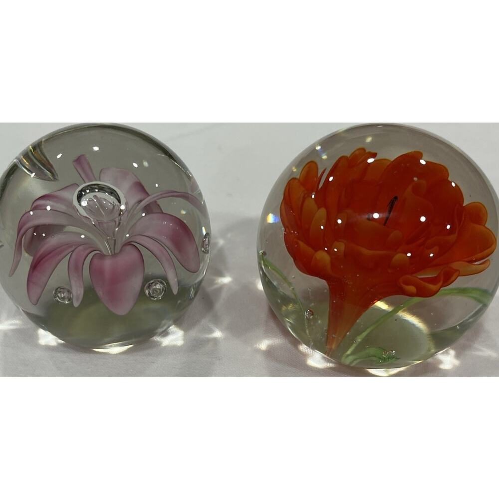 Art Glass Floral Paperweights Set of 2